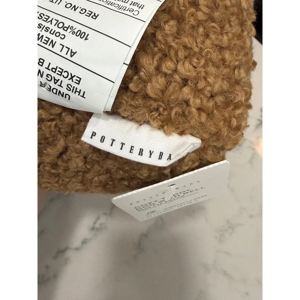 Pottery Barn Cozy Teddy Dog with Bell Faux Fur Pillow Camel Brown Sherpa NWT